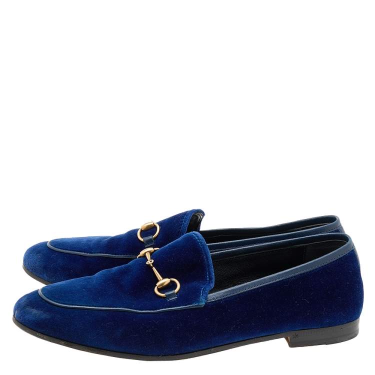 Pre Owned Gucci Blue Velvet Horsebit Slip On Jordaan Loafers Size 39