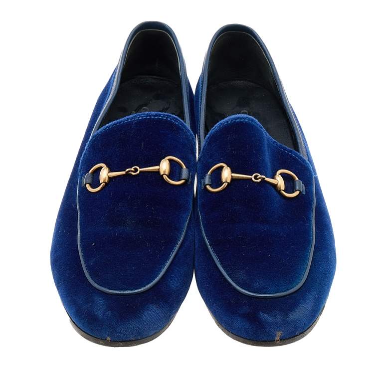 Pre Owned Gucci Blue Velvet Horsebit Slip On Jordaan Loafers Size 39
