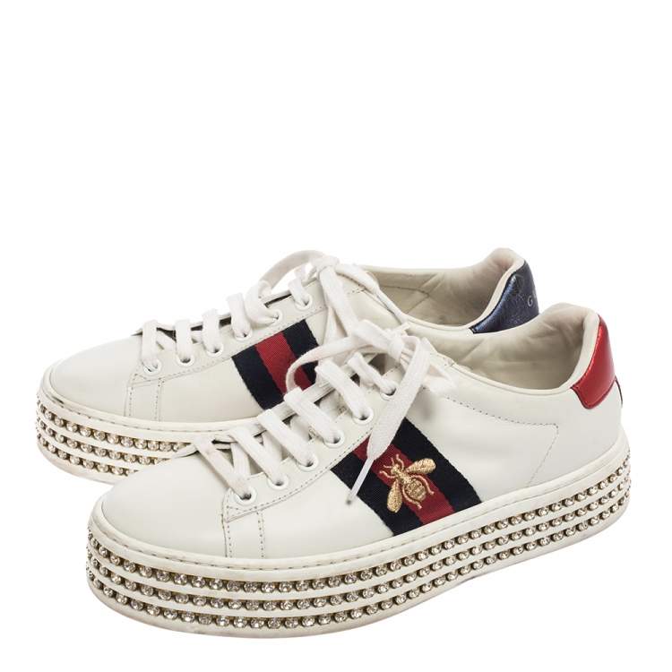 Pre Owned Gucci White Leather And Bee Web Detail New Ace Crystal Embellished Platform Sneakers Size 36