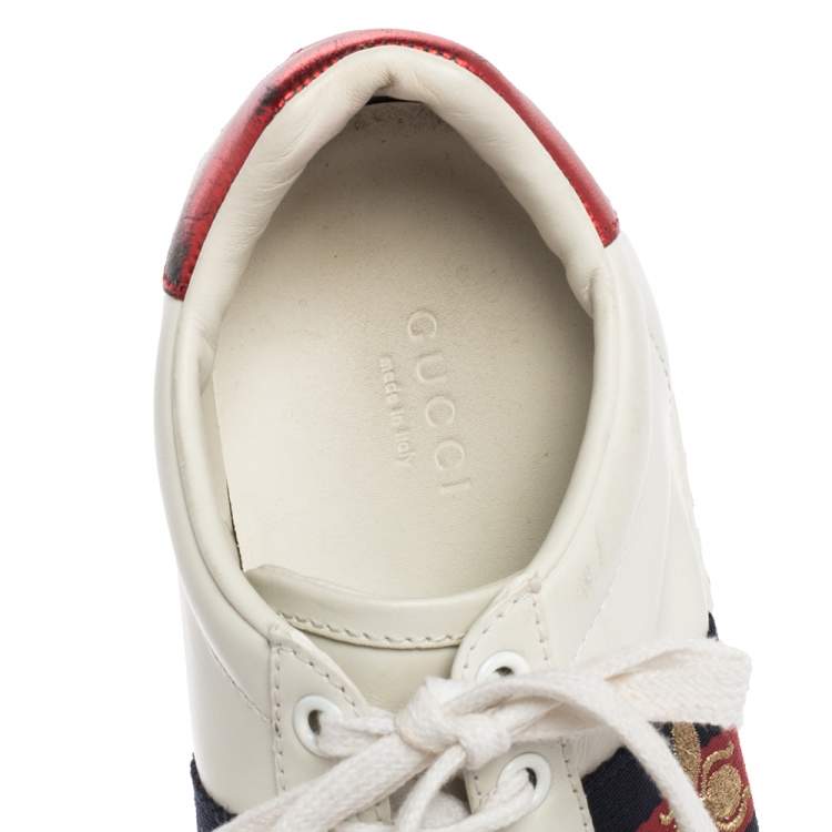Pre Owned Gucci White Leather And Bee Web Detail New Ace Crystal Embellished Platform Sneakers Size 36