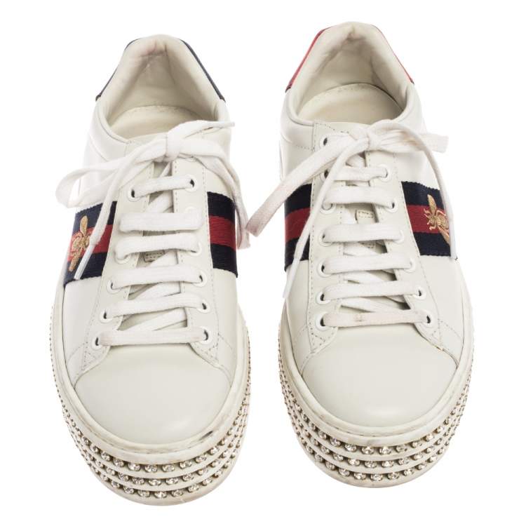 Pre Owned Gucci White Leather And Bee Web Detail New Ace Crystal Embellished Platform Sneakers Size 36