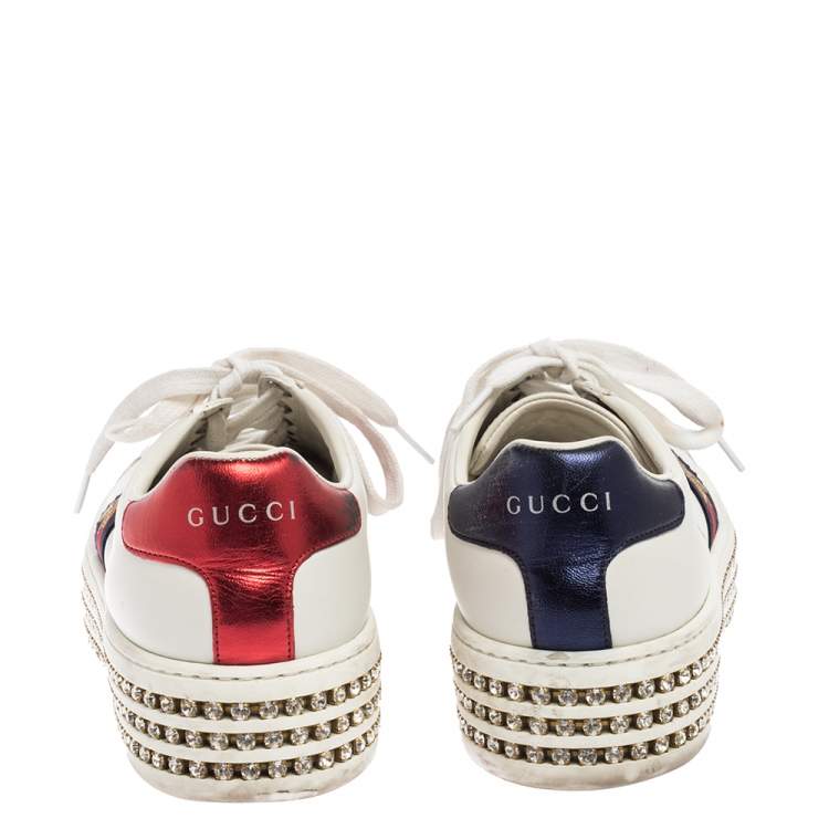 Pre Owned Gucci White Leather And Bee Web Detail New Ace Crystal Embellished Platform Sneakers Size 36