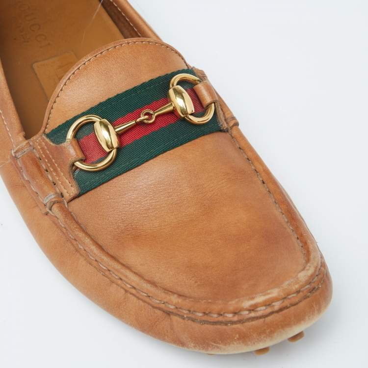 مملوكة مسبقًا Gucci Tan Leather Web Horsebit Loafers Size 39