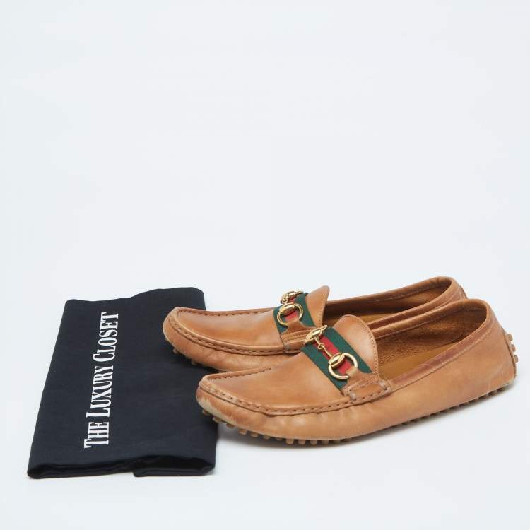 مملوكة مسبقًا Gucci Tan Leather Web Horsebit Loafers Size 39