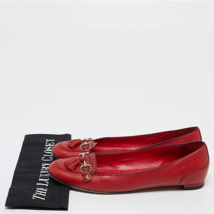 Pre Owned Gucci Red Leather Tassel Horsebit Loafers Size 39.5