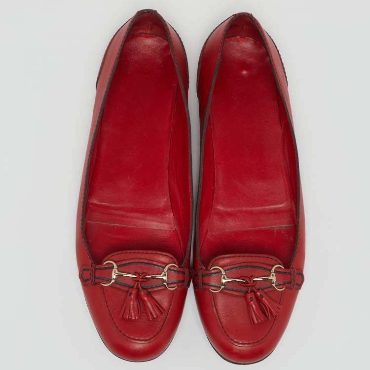 Pre Owned Gucci Red Leather Tassel Horsebit Loafers Size 39.5