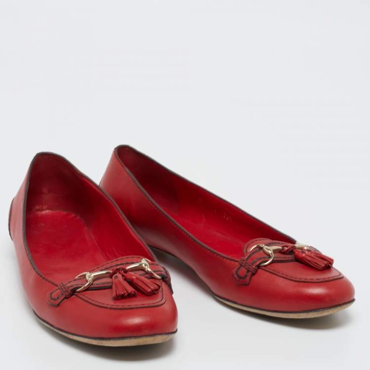 Pre Owned Gucci Red Leather Tassel Horsebit Loafers Size 39.5