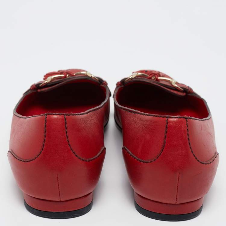 Pre Owned Gucci Red Leather Tassel Horsebit Loafers Size 39.5