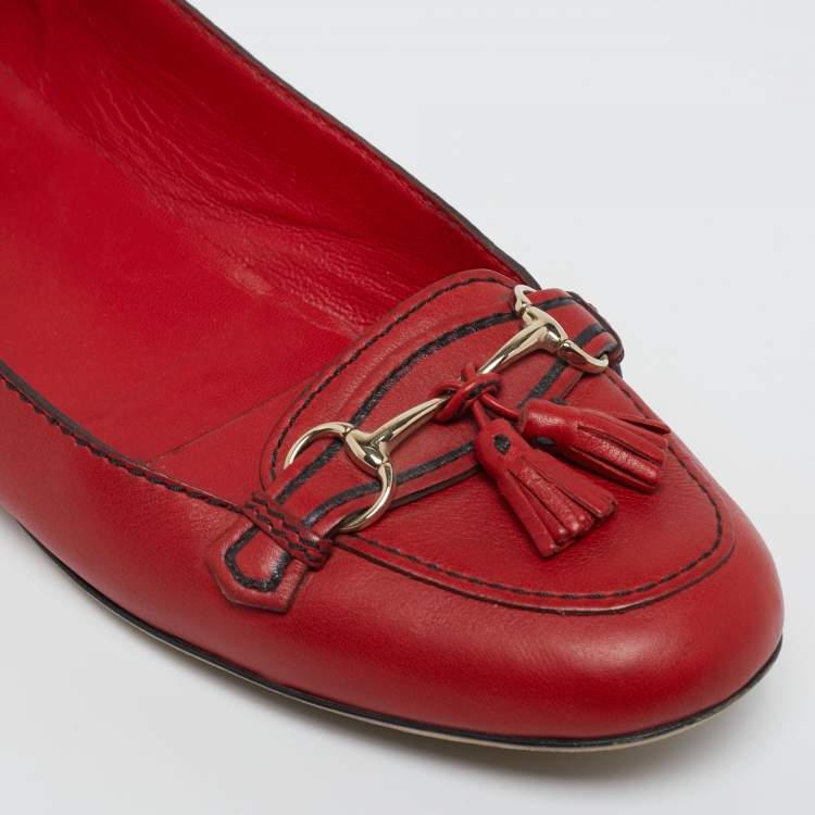 Pre Owned Gucci Red Leather Tassel Horsebit Loafers Size 39.5