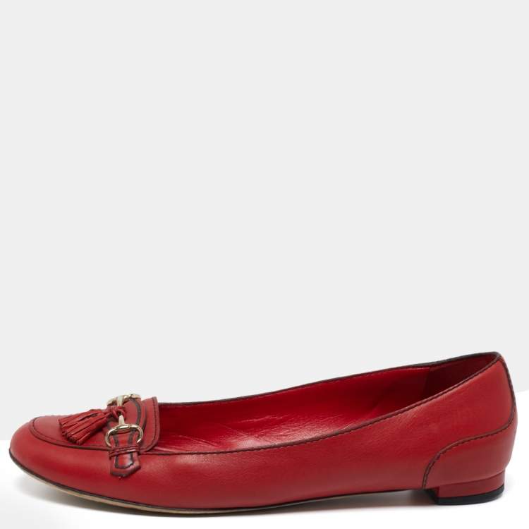 Pre Owned Gucci Red Leather Tassel Horsebit Loafers Size 39.5