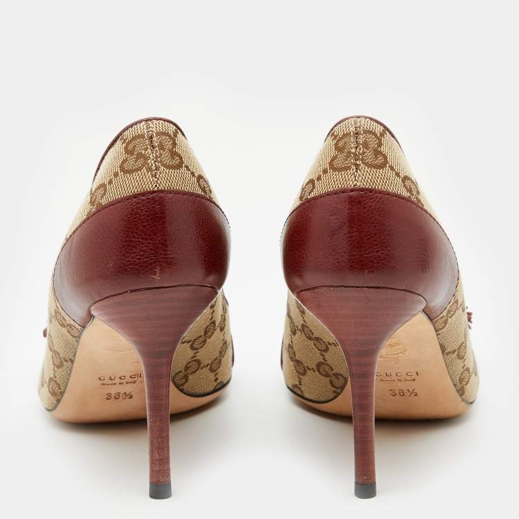 Pre Owned Gucci Beige/Brown GG Canvas And Leather Tassel Detail Peep Toe Pumps Size 36.5