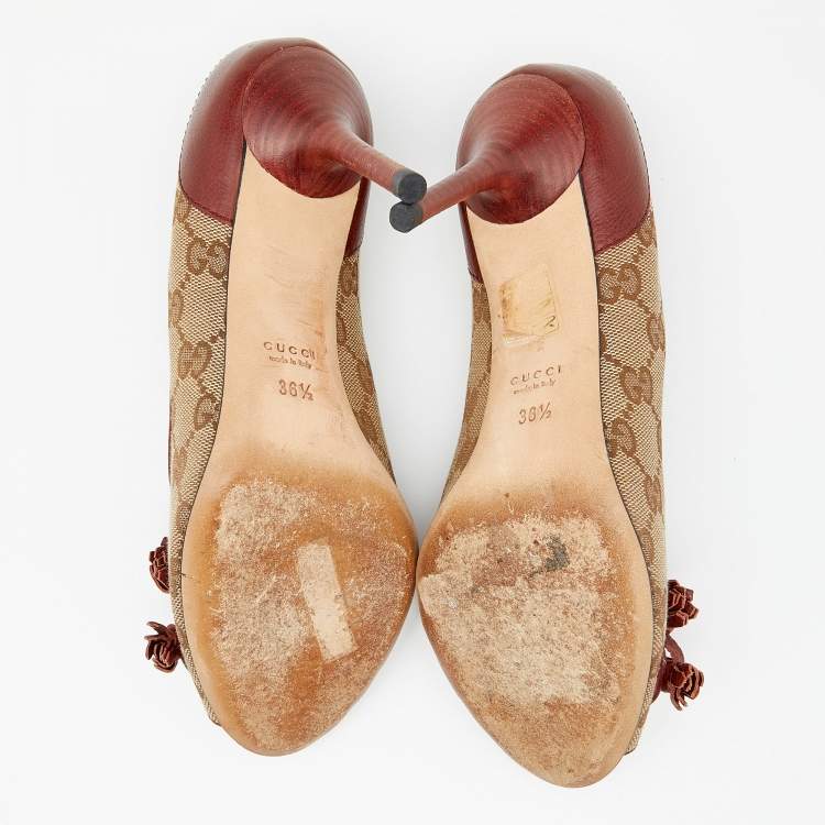 Pre Owned Gucci Beige/Brown GG Canvas And Leather Tassel Detail Peep Toe Pumps Size 36.5