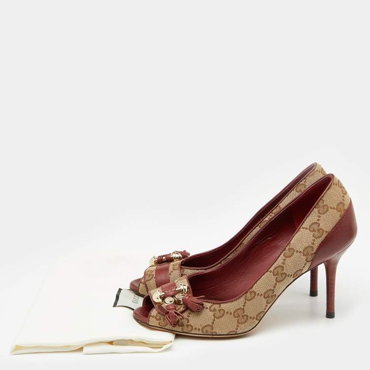 Pre Owned Gucci Beige/Brown GG Canvas And Leather Tassel Detail Peep Toe Pumps Size 36.5