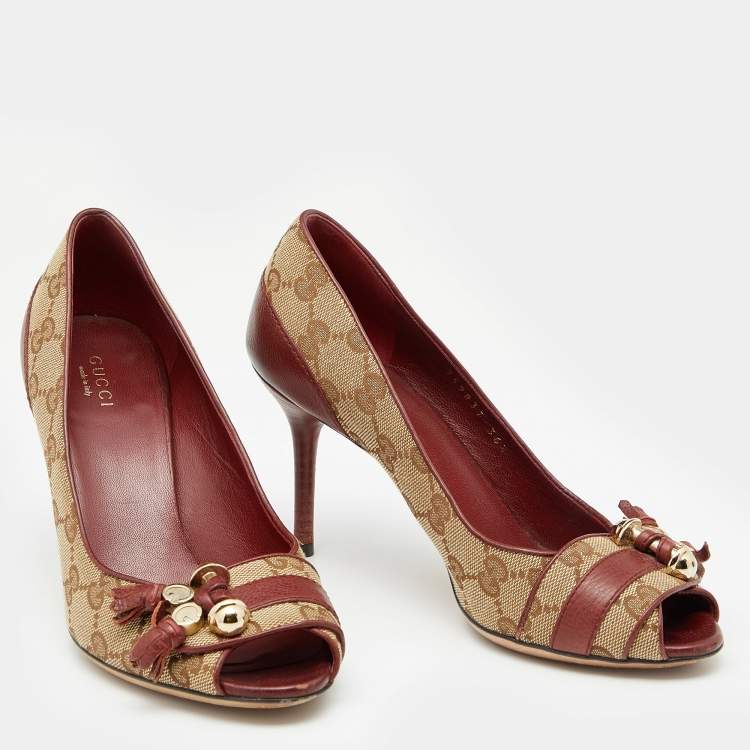 Pre Owned Gucci Beige/Brown GG Canvas And Leather Tassel Detail Peep Toe Pumps Size 36.5