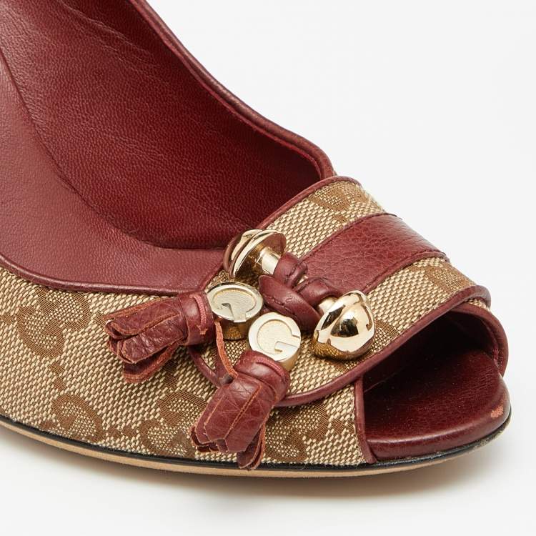 Pre Owned Gucci Beige/Brown GG Canvas And Leather Tassel Detail Peep Toe Pumps Size 36.5