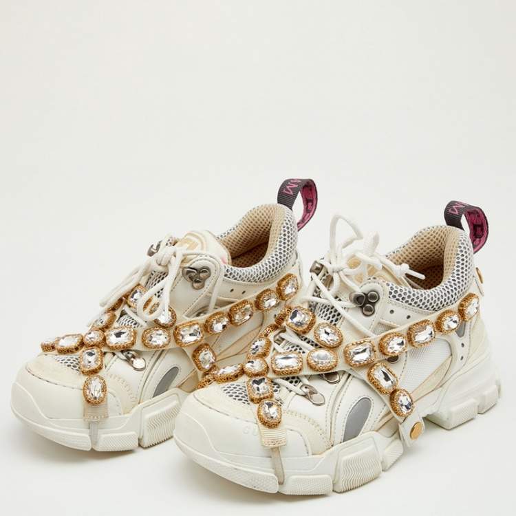 Gucci White Leather And Mesh Flashtrek Removable Crystals Sneakers Size 36  Gucci | TLC
