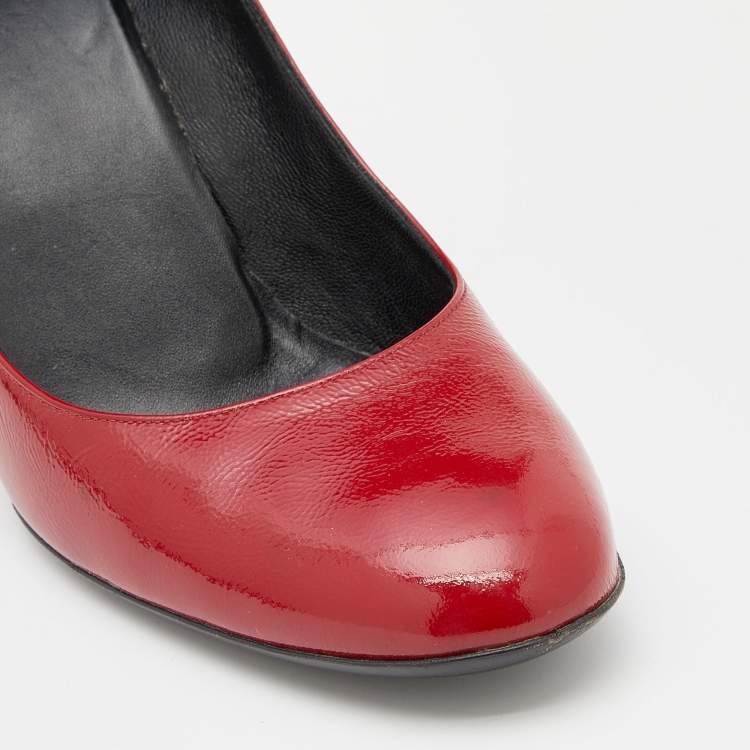 Pre Owned Gucci Red Patent Leather Wedge Round Toe Pumps Size 40