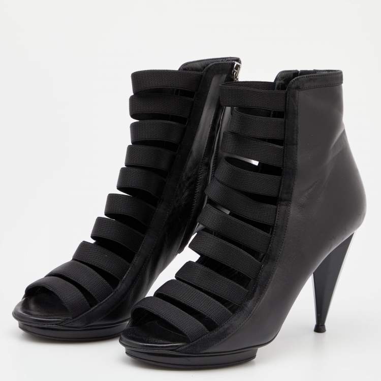 Pre Owned Gucci Black Elastic And Leather Isadora Gladiator Booties Size 37
