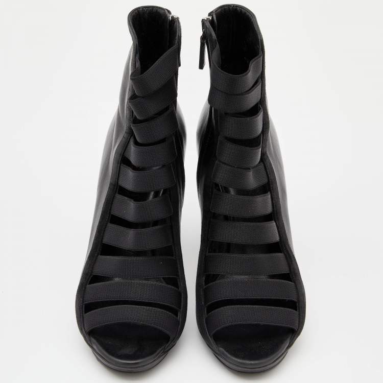 Pre Owned Gucci Black Elastic And Leather Isadora Gladiator Booties Size 37