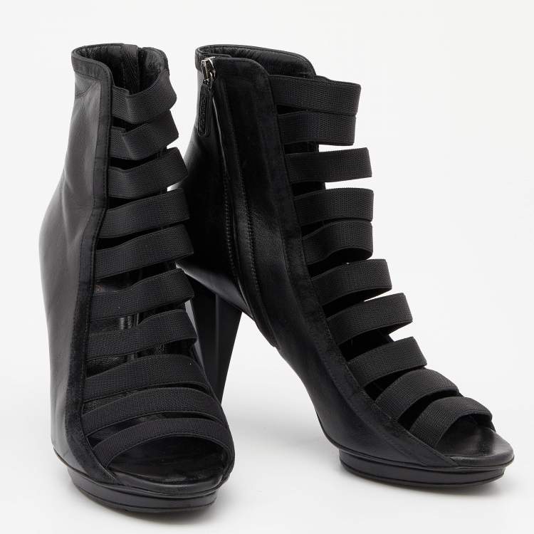 Pre Owned Gucci Black Elastic And Leather Isadora Gladiator Booties Size 37