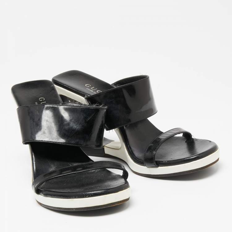 Pre Owned Gucci Black Patent Leather Cut-Out Wedge Slide Sandals Size 38