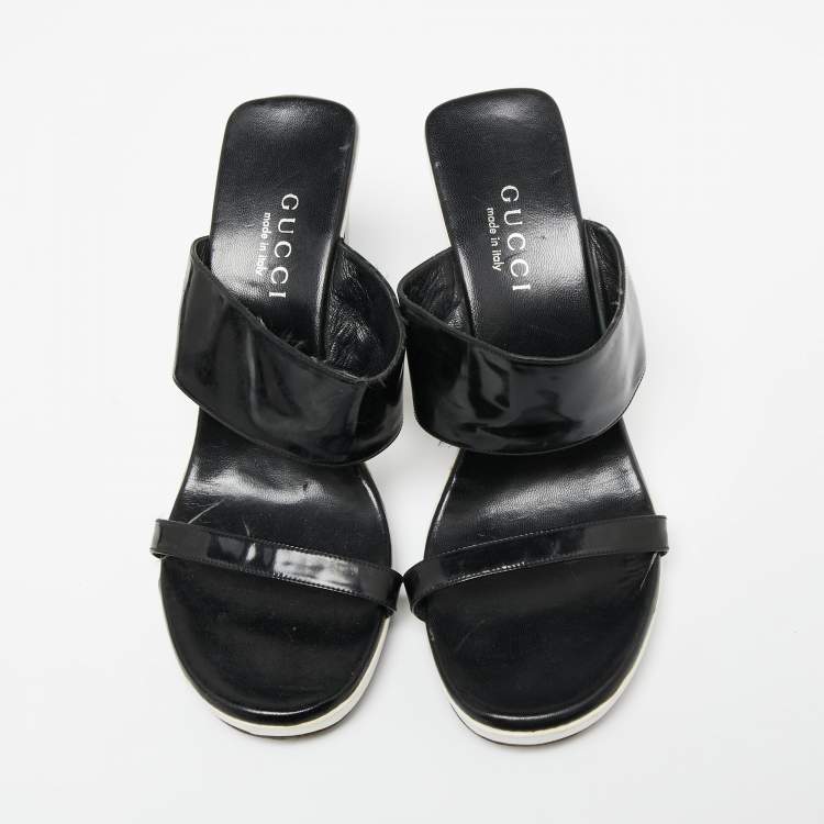 Pre Owned Gucci Black Patent Leather Cut-Out Wedge Slide Sandals Size 38