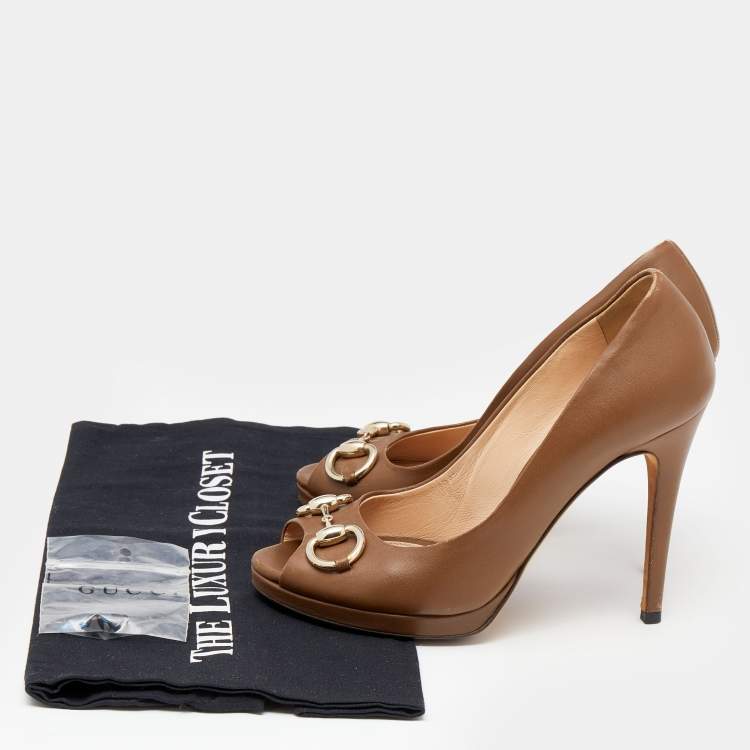 Pre Owned Gucci Brown Leather Horsebit Peep Toe Pumps Size 36