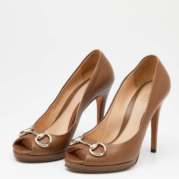 Pre Owned Gucci Brown Leather Horsebit Peep Toe Pumps Size 36