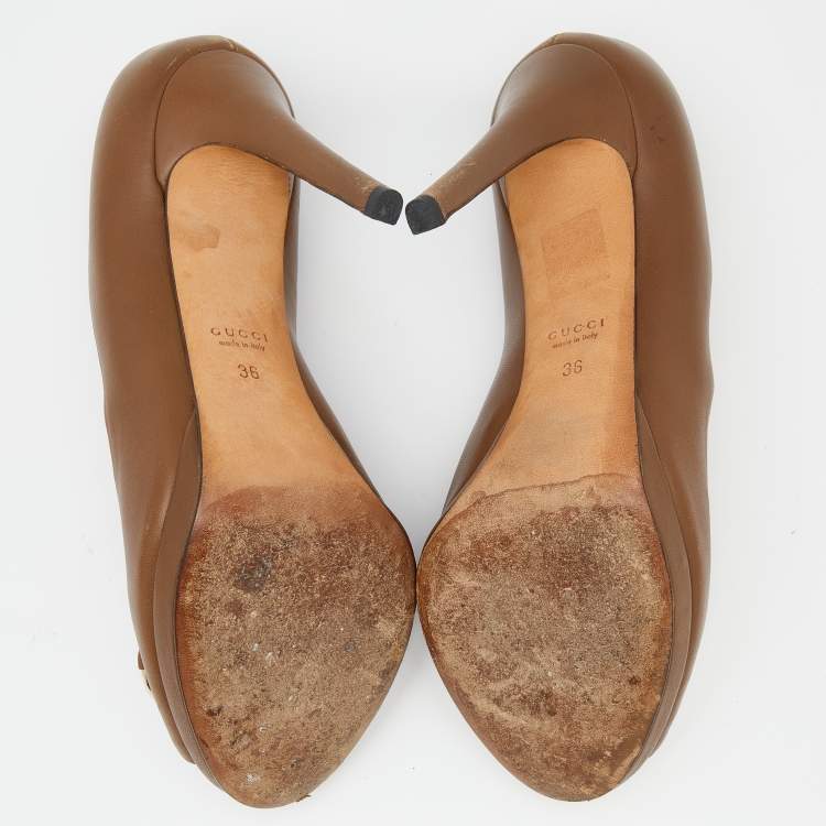 Pre Owned Gucci Brown Leather Horsebit Peep Toe Pumps Size 36