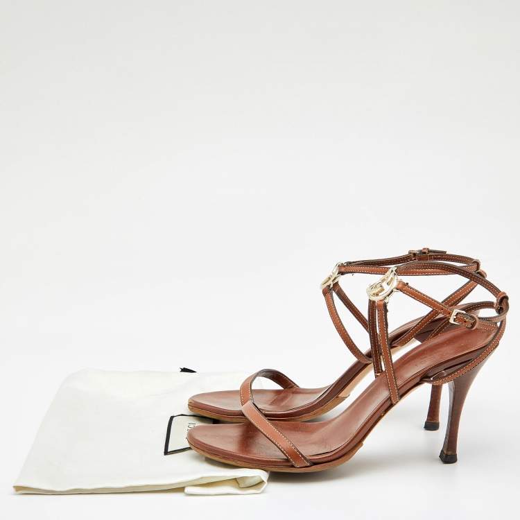 Pre Owned Gucci Brown Leather Interlocking G  Ankle Strap Sandals Size 38