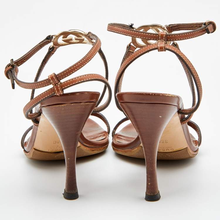 Pre Owned Gucci Brown Leather Interlocking G  Ankle Strap Sandals Size 38