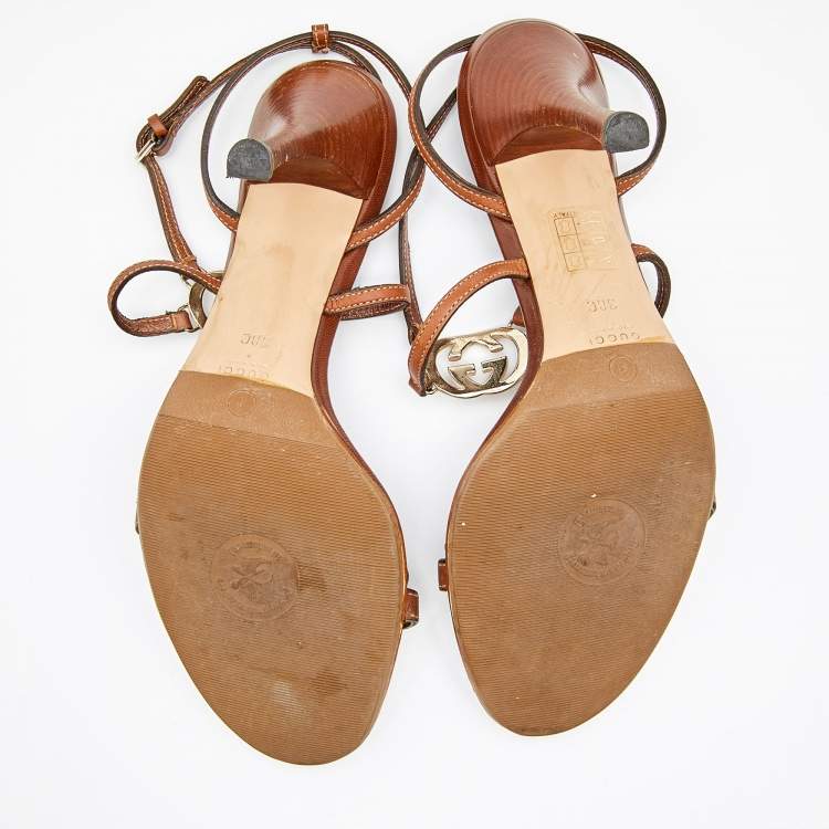 Pre Owned Gucci Brown Leather Interlocking G  Ankle Strap Sandals Size 38