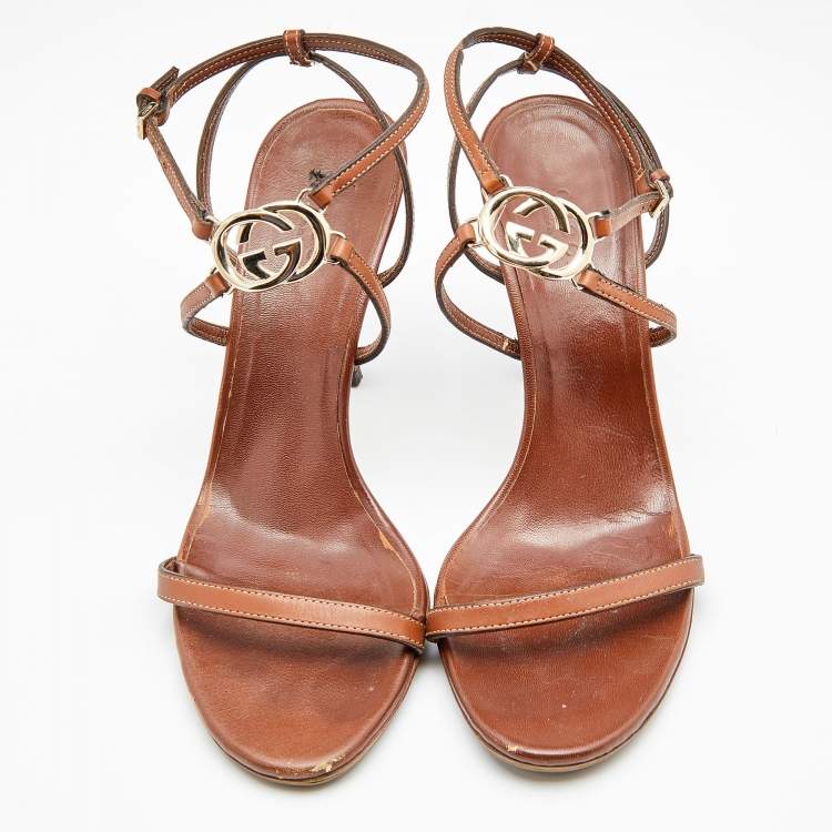 Pre Owned Gucci Brown Leather Interlocking G  Ankle Strap Sandals Size 38