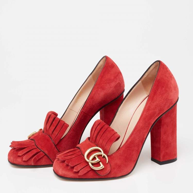 Gucci Red Leather GG Marmont Fringe Loafer Pumps Size 39 Gucci