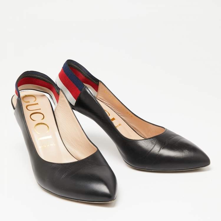 Pre Owned Gucci Black Leather Web Sylvie Slingback Pumps Size 41.5