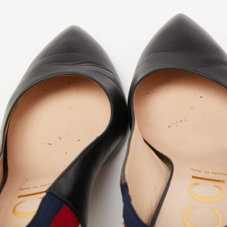 Pre Owned Gucci Black Leather Web Sylvie Slingback Pumps Size 41.5