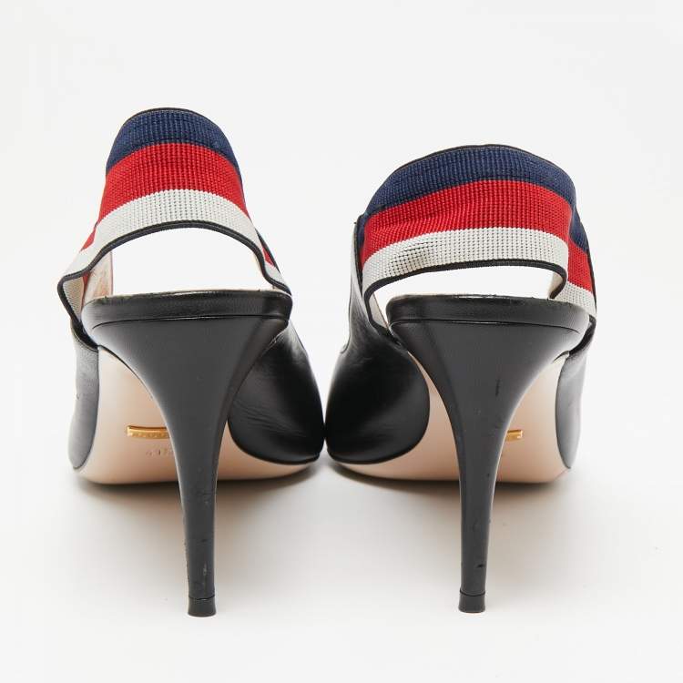 Pre Owned Gucci Black Leather Web Sylvie Slingback Pumps Size 41.5