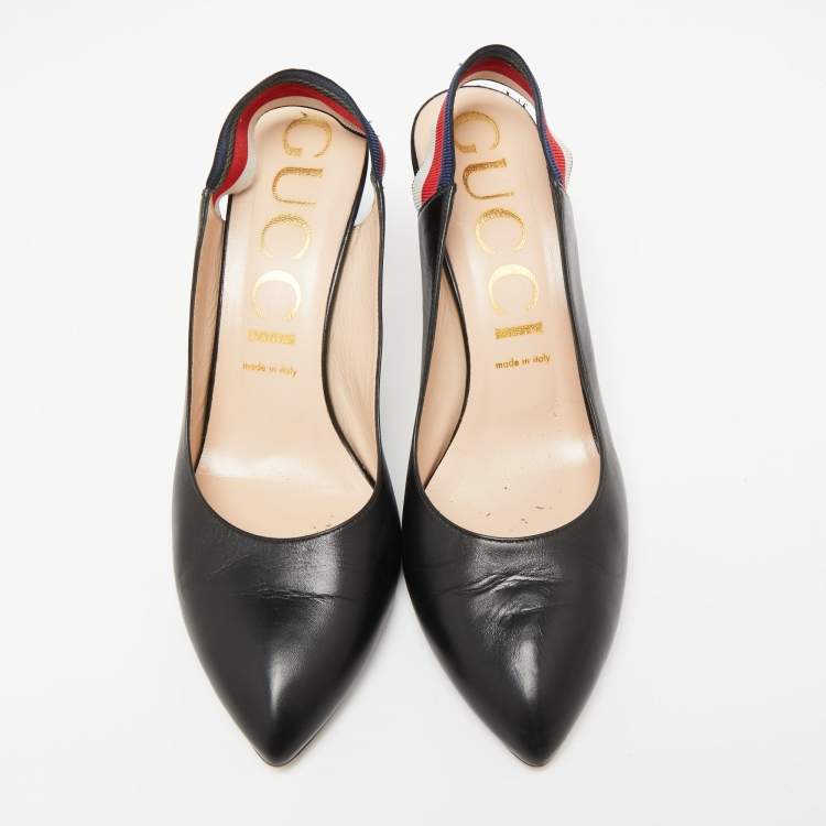 Pre Owned Gucci Black Leather Web Sylvie Slingback Pumps Size 41.5