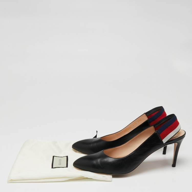 Pre Owned Gucci Black Leather Web Sylvie Slingback Pumps Size 41.5