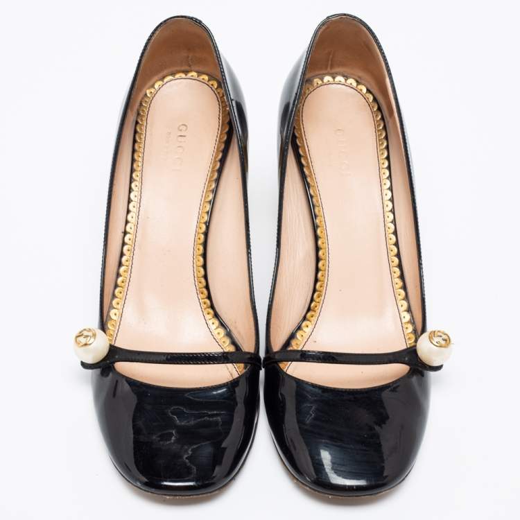 Pre Owned Gucci Black Patent Leather Pearl Detail Mary Jane Pumps Size 38.5