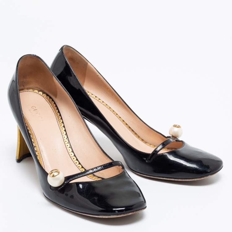 Pre Owned Gucci Black Patent Leather Pearl Detail Mary Jane Pumps Size 38.5