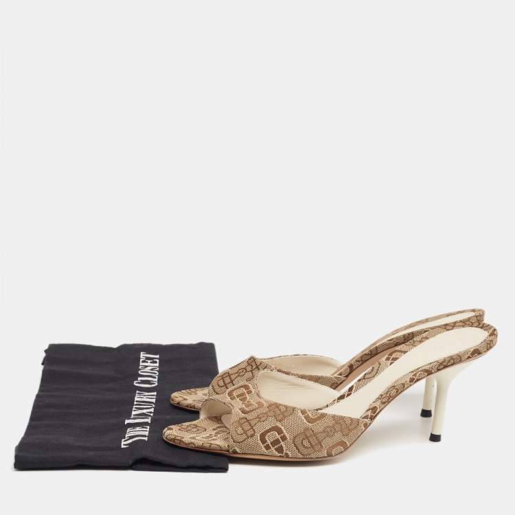 Pre Owned Gucci Beige/Brown Horsebit Print Canvas Slide Sandals Size 37