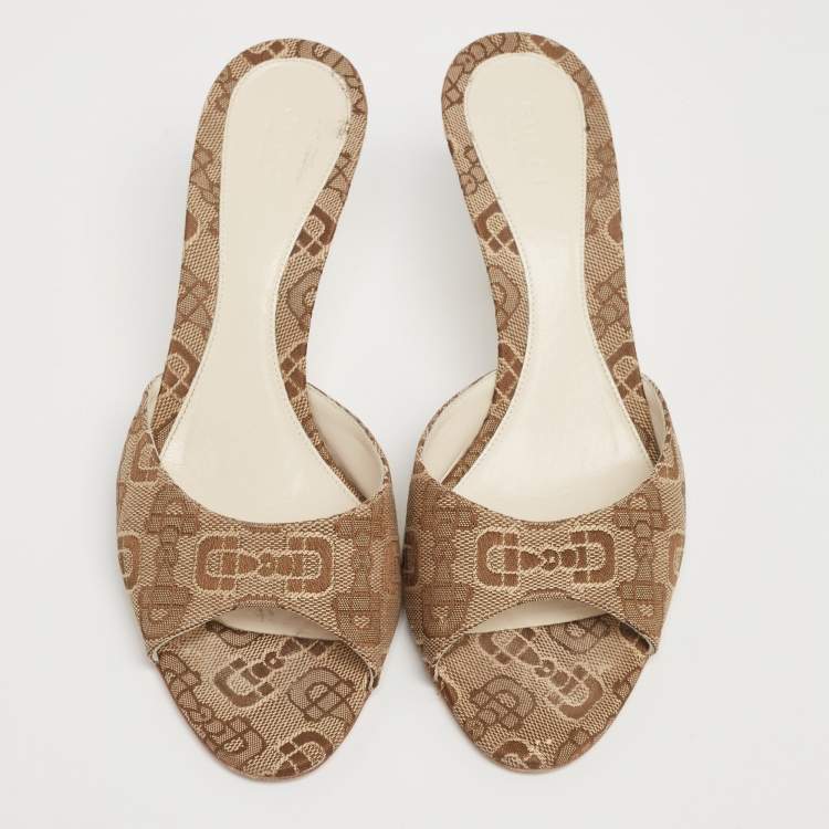 Pre Owned Gucci Beige/Brown Horsebit Print Canvas Slide Sandals Size 37