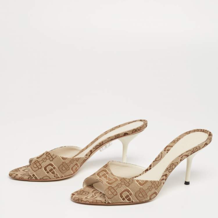 Pre Owned Gucci Beige/Brown Horsebit Print Canvas Slide Sandals Size 37
