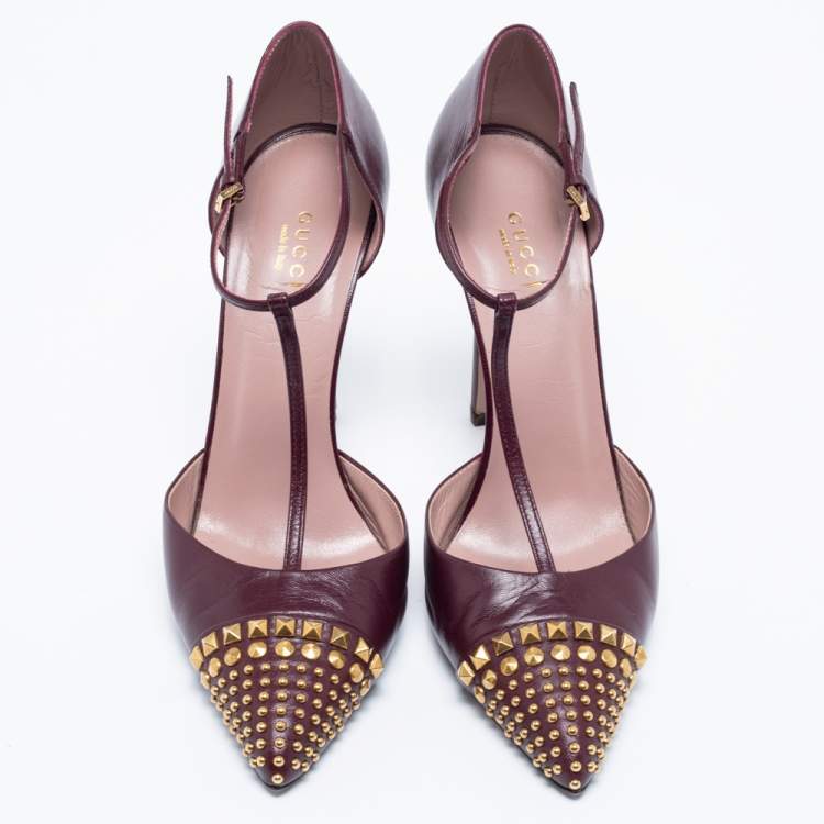 Pre Owned Gucci Burgundy Leather Studded Cap-Toe T-Strap Pumps Size 39