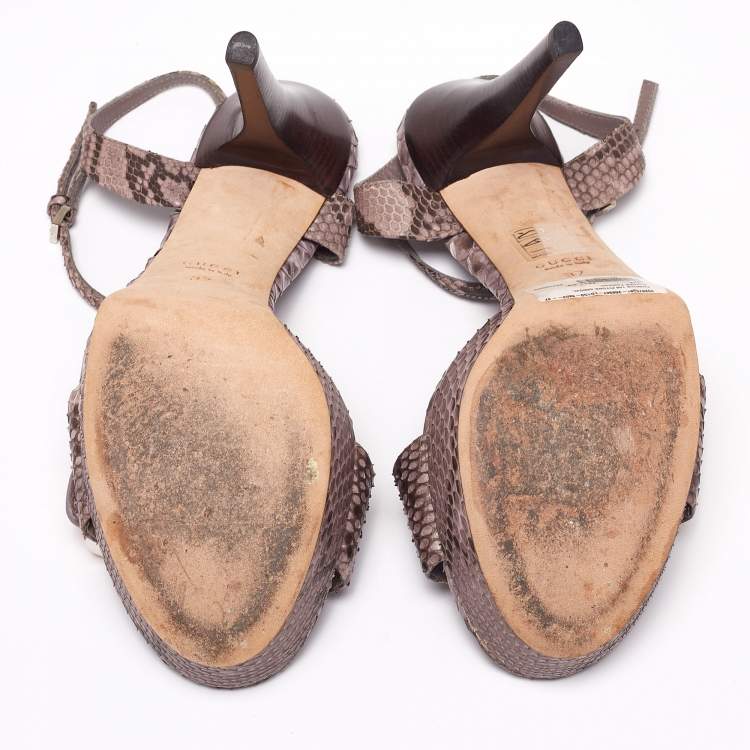 Pre Owned Gucci Purple/Brown Python Leather Bamboo Ankle Straps Platform Sandals Size 37