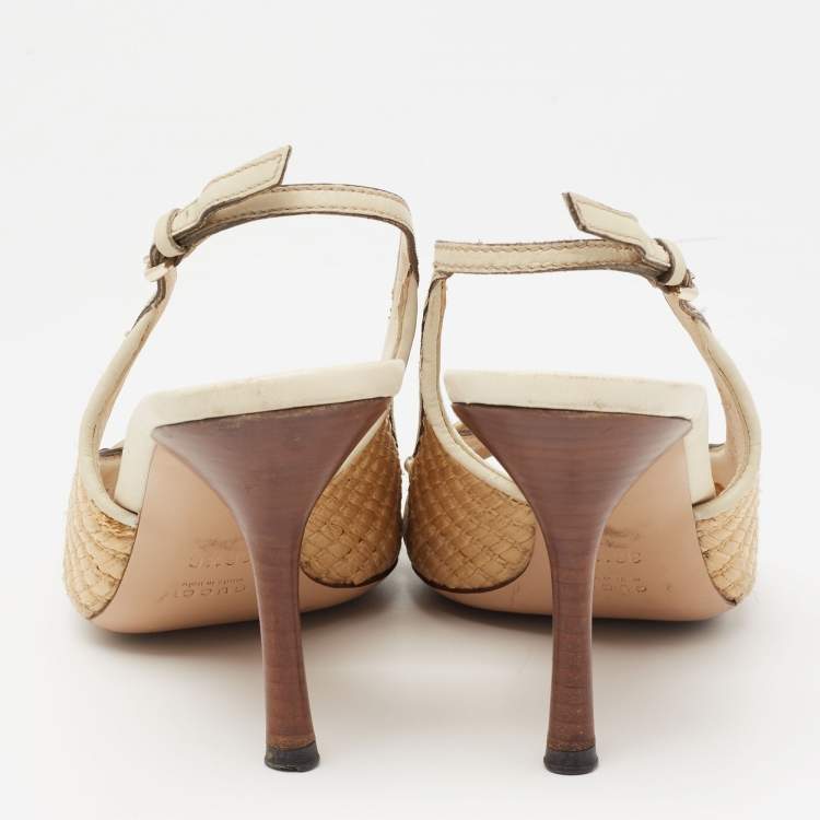 Pre Owned Gucci Grey/Beige Raffia And Leather Bamboo Horsebit Slingback Sandals Size 36.5