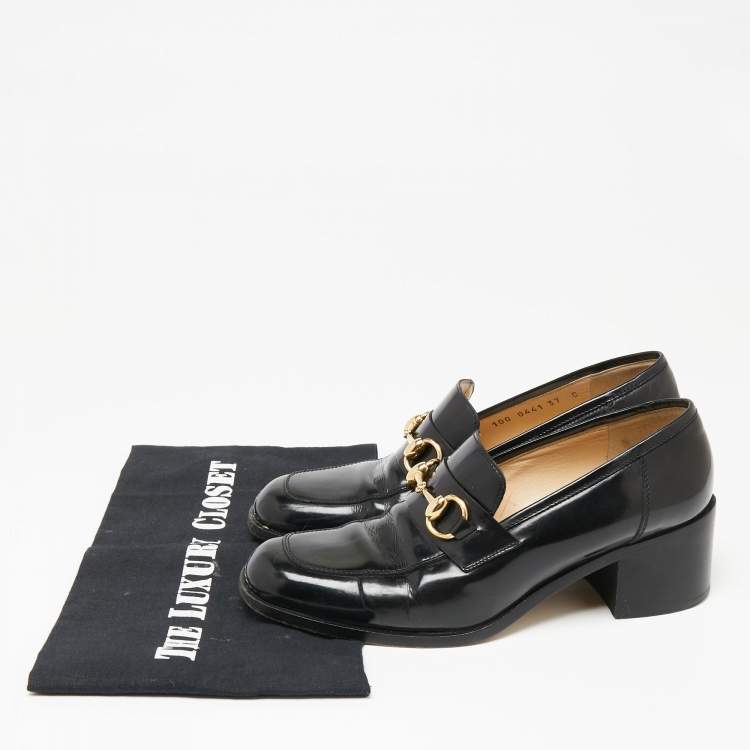 Pre Owned Gucci Black Leather Horsebit Loafer Pumps Size 37