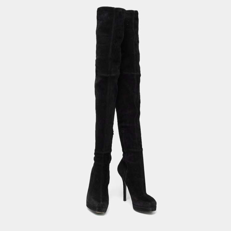 Pre Owned Gucci Black Suede Platform Over the Knee Boots Size 38.5 