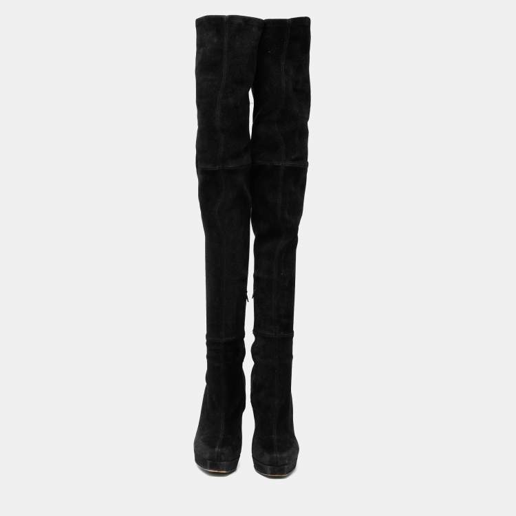 Pre Owned Gucci Black Suede Platform Over the Knee Boots Size 38.5 
